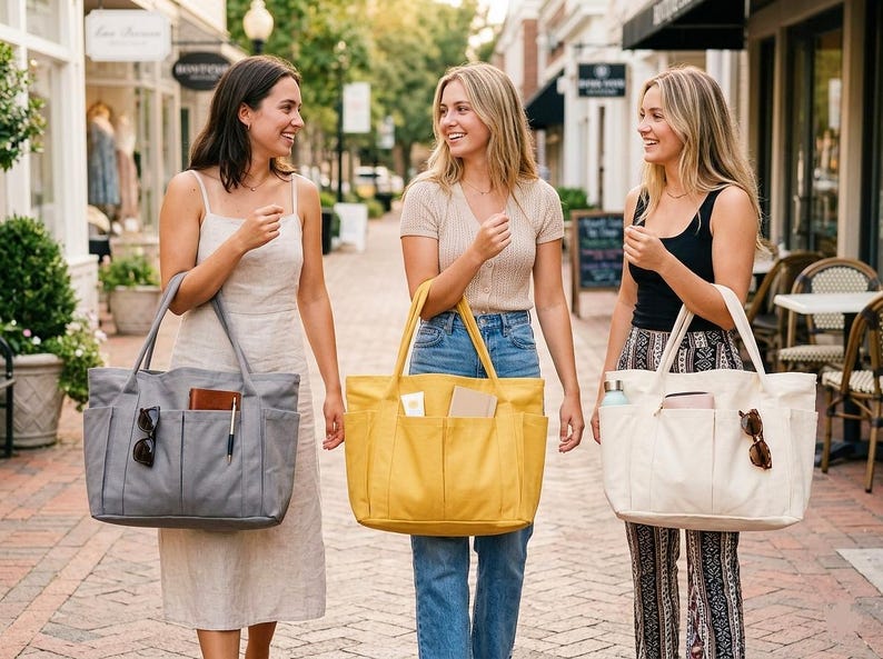 May include: Three women walking down a brick-paved street, each carrying a large tote bag. The bags are gray, yellow, and off-white, with multiple pockets. The women are smiling and appear to be enjoying a day out.