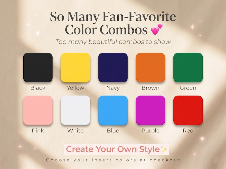Pu&ograve; includere: Immagine che mostra una variet&agrave; di opzioni di colore, tra cui nero, giallo, blu navy, marrone, verde, rosa, bianco, blu, viola e rosso. Il testo recita "So Many Fan-Favorite Color Combos" e "Create Your Own Style".