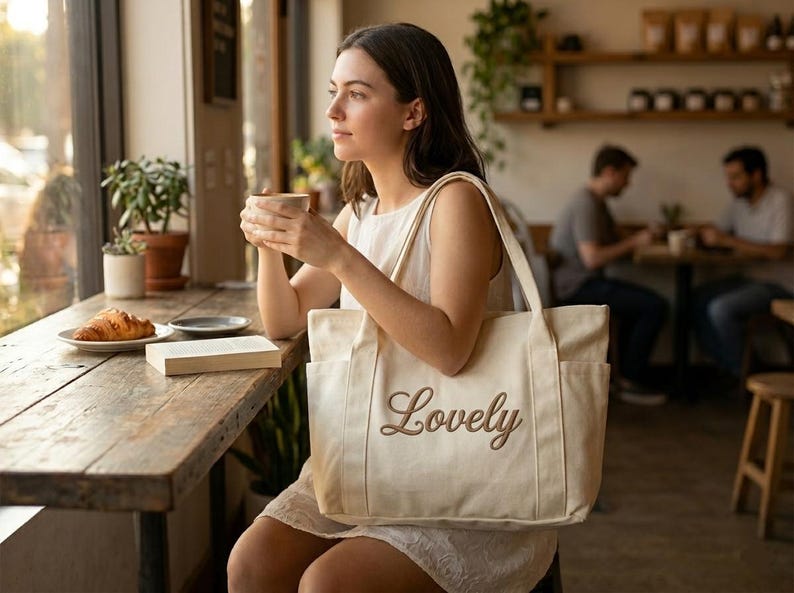 May include: A canvas tote bag with the word "Lovely" embroidered in a cursive font. The bag is cream-colored and has two exterior pockets. The image is taken in a cafe setting, with a woman holding the bag.