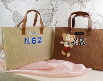 Personalized School Tote Bag, Courdory Tote Bag, Corduroy Tote Bags, Cute Tote Bag.