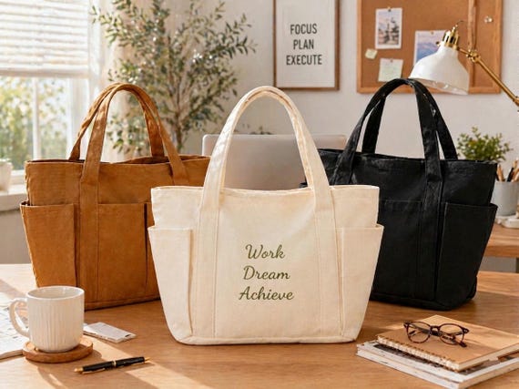 Professional Work Tote Bag with Pockets, Personalized Canvas Office Bag, Nurse Carryall, Large Laptop Tote for Work & Commute