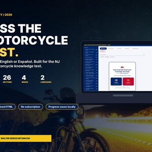Op de afbeelding: Een digitale interface voor de New Jersey 2026 motorkennis-test, met 200 vragen, 26 secties, 4 modi en 2 talen. Het scherm toont een studieportaal met Engelse en Spaanse opties, geplaatst tegen een donkere achtergrond van een motorfiets.