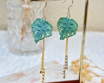 Handmade Micro Crochet Minstera Earrings