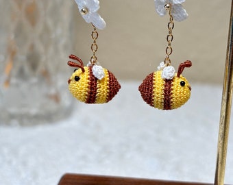 Handmade Micro Crochet Bumble Bee Earrings/ Miniature Crochet Bumble Bee Earrings/ Cute Animal Miniatures/ Handmade Earrings/ Detailed Bees