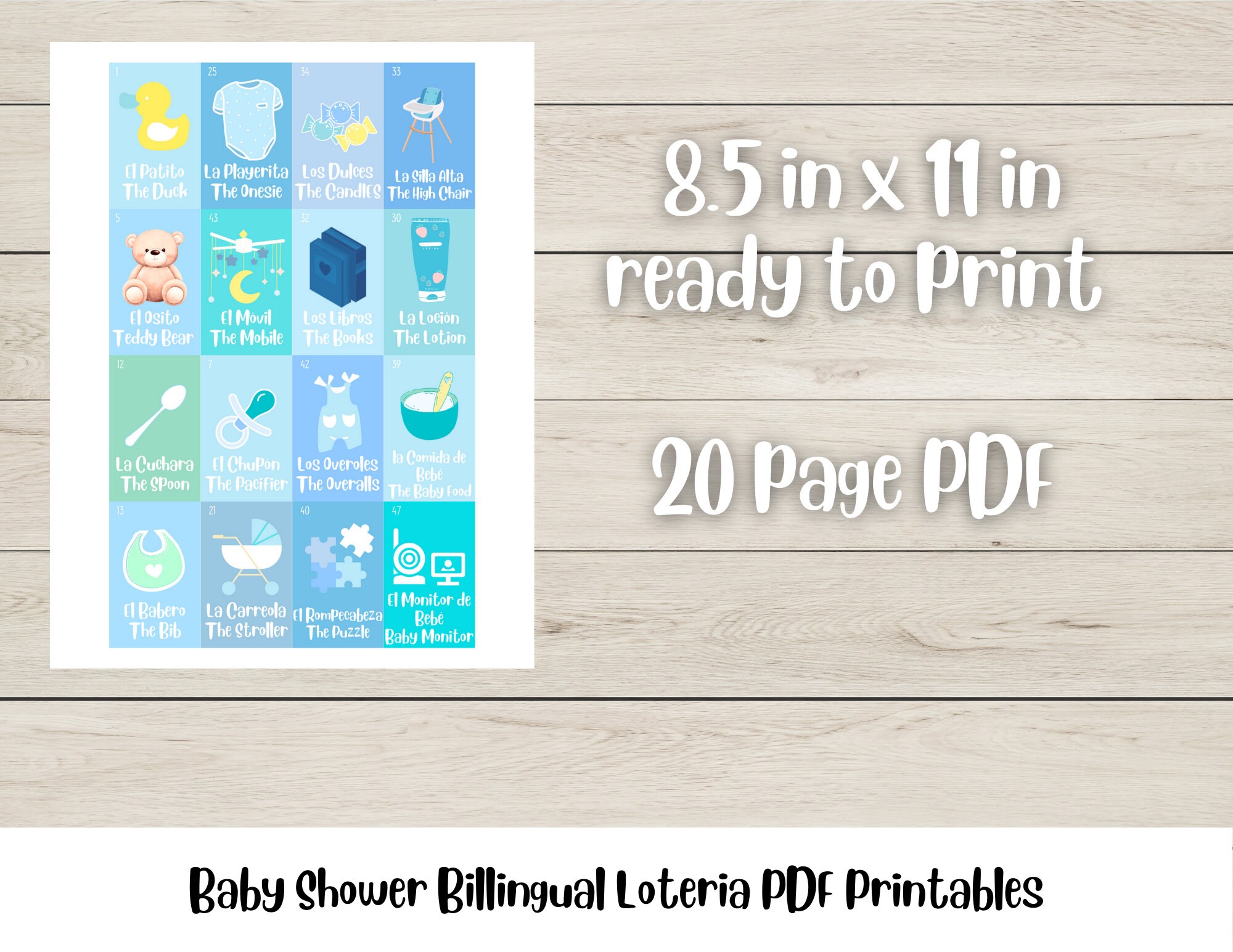20 BOARDS Blue Bilingual Baby Shower Loteria Español Y Ingles Printable ...