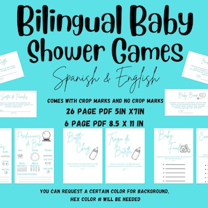 Juegos bilingües para baby shower azul y blanco español e inglés