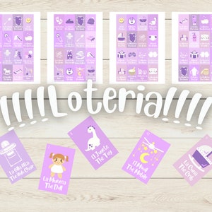 50 BOARDS Bilingual Pink Lavender Baby Shower Loteria Game Cards Spanish and English