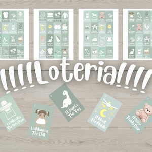 20 BOARDS Zweisprachig Pastell Sage Grün Babyparty Loteria Spielkarten Spanisch und Englisch