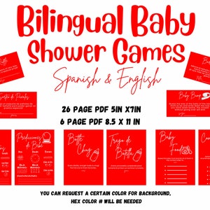 Juegos Bilingües Baby Shower Rojo Español e Inglés