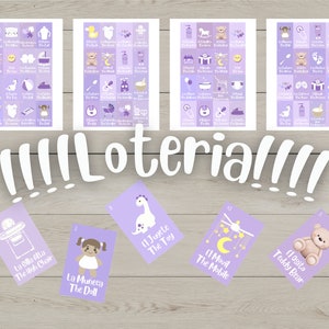 20 BOLAS Bilingües Pastel Lila Púrpura Baby Shower Juego de cartas de lotería Español e Inglés