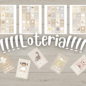50 TABLAS Juego de Loteria Bilingüe Neutral Baby Shower Cartas Español e Inglés