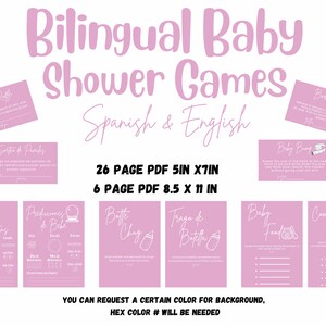 Bilingual Baby Shower Pink Lavender and White Games Spanish and English