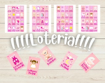 20 TABLAS Texto Rosa Caliente Bilingüe Baby Shower Loteria Español e Ingles Descarga de Archivo Digital Imprimible