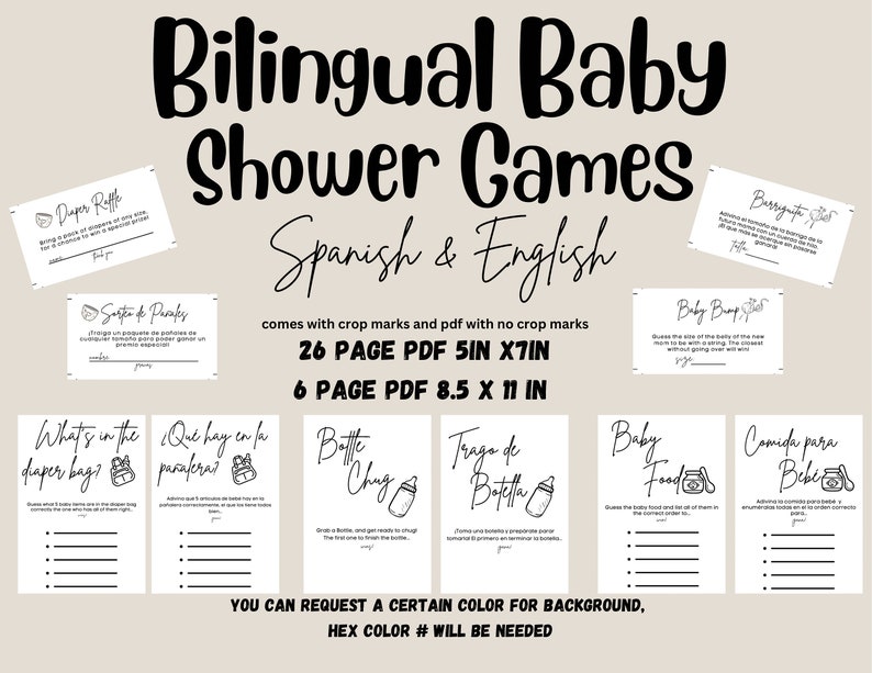 Baby Shower bilingüe Juegos en blanco y negro Español e inglés imagen 1