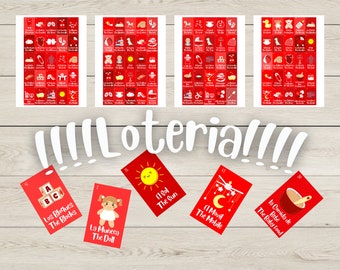 Juego de Lotería Bilingüe Baby Shower Rojo Español e Inglés 16 TABLEROS