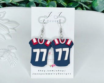 Polymer Clay Sports Earrings | Handmade Jersey Dangly Earrings | Lightweight | #77 | Patriot Colors | Perfect Gift idea |