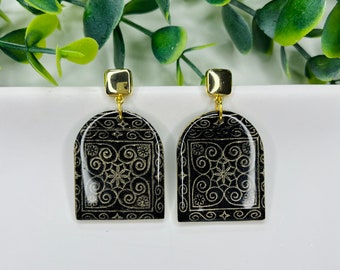 Polymer Clay Earrings | Lightweight | Black and Gold Micca Powder Stamped Earrings | Stylish Dangly Handmade Earrings |