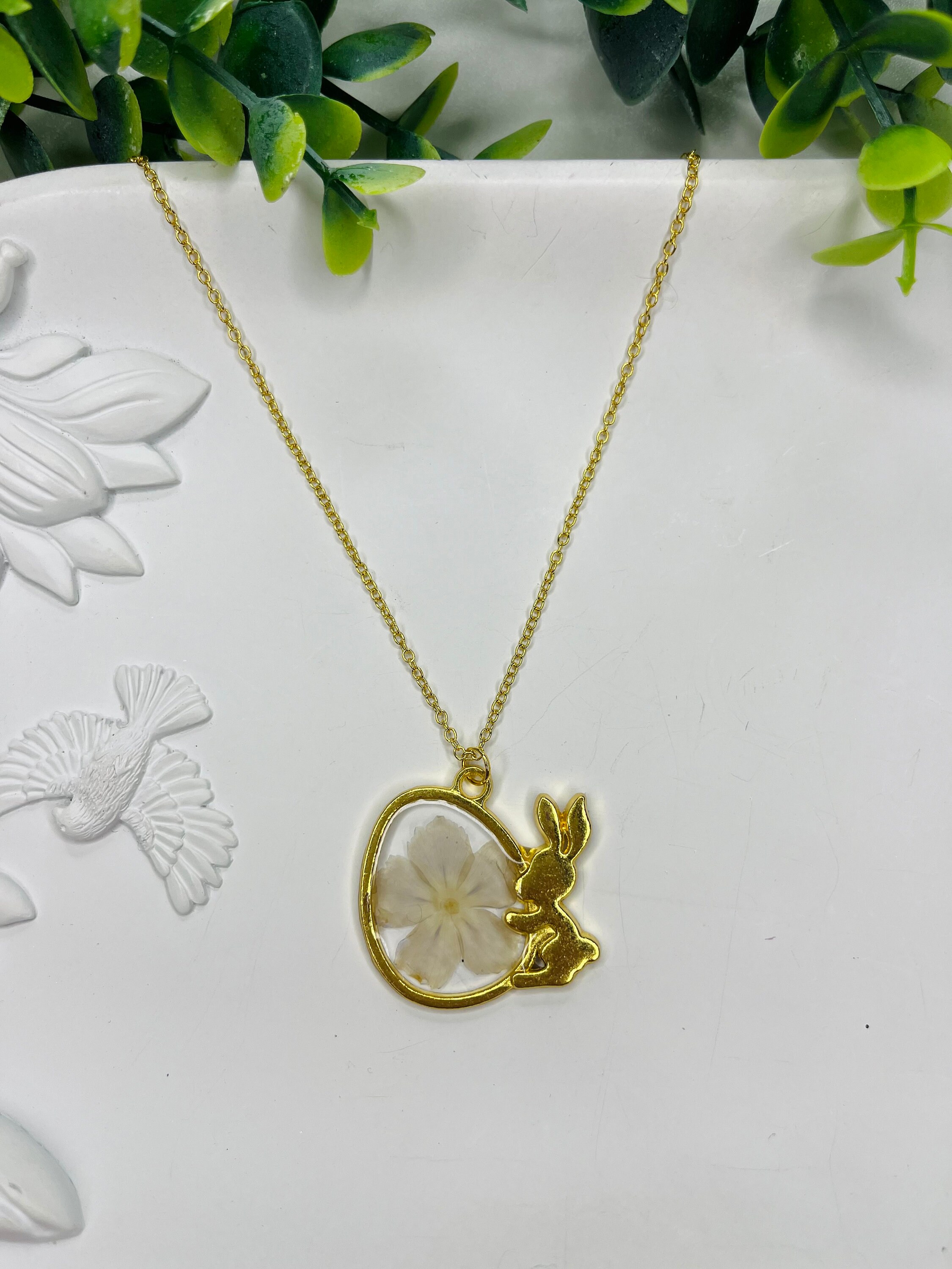 Dainty Bunny Rabbit Gold Necklace Animal Shape Pendant Floral Resin ...