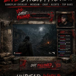 May include: A dark, post-apocalyptic themed live stream overlay featuring a central gameplay window, a webcam frame, and a chat box. The design includes barbed wire accents, red text, and a gritty, industrial aesthetic with the text Undead World.