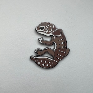 Könnte beinhalten: Eine braune und weiße Gecko-Emaille-Anstecknadel mit weißen Punkten. Der Gecko ist in C-Form zusammengerollt, wobei sein Schwanz unter seinem Körper versteckt ist.