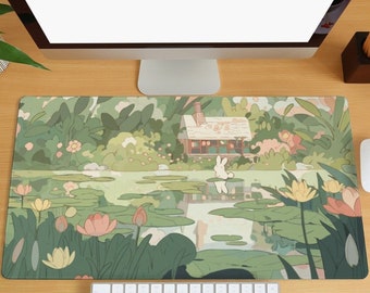 Kawaii Cartoon Green Mouse Pad, Cute Animal Desk Mat, Bunny Flower Plant Desk Mat, Cute Computer Keyboard Desk Mat, Large Mousepad