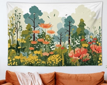 Botanical Flowers Tapestry Wall Hanging Wild Flowers Plant Tapestry Green Forest Scenery Tapestry Nature Home Wall Decor