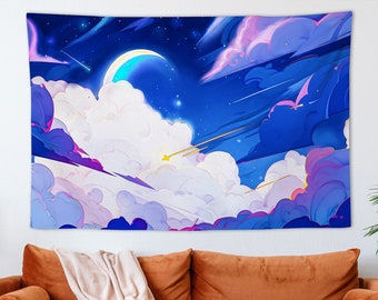 Blue Night Sky Wall Tapestry Moon Star Cloud Tapestry Landscape Wall Hanging Art Room Bedroom Dorm Wall Decor