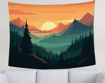 Tapiz de paisaje forestal, tapiz de paisaje de atardecer, tapiz de montaña y sol, arte de pared de atardecer, tapiz para sala de estar y dormitorio
