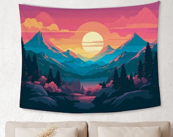 Mountain Sunset Tapestry Red Sky Tapestry Forest Landscape Wall Hanging Living Room Bedroom Tapestry Home Wall Decor Gift
