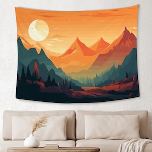 Sunset Landscape Tapestry Mountain and Sun Tapestry Forest Wall Tapestry Nature Landscape Wall Hanging Living Room Bedroom Wall Decor