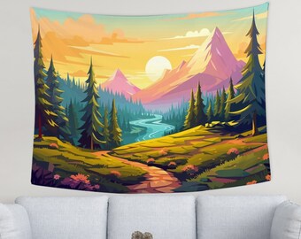 Forest Tree Tapestry Mountain and Sun Tapestry Nature Landscape Wall Art Forest Landscape Wall Hanging Living Room Dorm Bedroom Decor