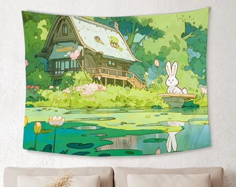 Green Anime Forest Landscape Tapestry Kawaii Cute Bunny Tapestry Cartoon Rabbit Wall Hanging Flowers and Plants Backdrop Birthday Gift
