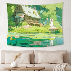 グリーンアニメの森の風景タペストリー かわいいウサギのタペストリー 漫画のウサギの壁掛け 花と植物の背景 誕生日プレゼント