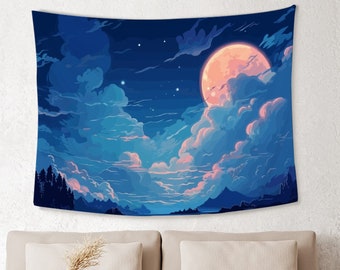 Night Landscape Tapestry Moon and Clouds Wall Tapestry Night Sky Scenery Wall Hanging Art Nature Home Wall Decor for Bedroom Room Dorm