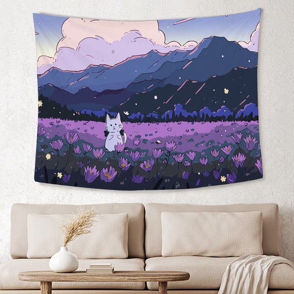 Kawaii Cat Wall Tapestry Cute Cartoon Animal Tapestry Purple Flower Plant Wall Hanging Room Dorm Decor Christmas Birthday Gift