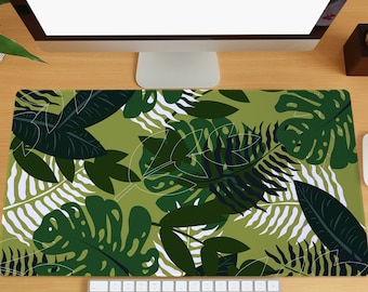 Alfombrilla de escritorio con hojas de palmeras tropicales, alfombrilla de escritorio con plantas verdes, alfombrilla de ratón con teclado botánico bohemio, alfombrilla de ratón extragrande para juegos