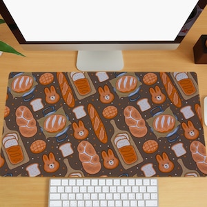 Kawaii Desk Mat Cute Pastries Gaming Mouse Pad Bread Buns Baguettes Large Desk Mat Food Pattern Keyboard Mat or Home Office Work
