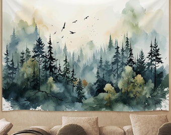 Aquarelle forêt verte tapisserie, tapisserie murale bohème, vert forêt, paysage naturel montagne brumeuse décoration murale pour salon