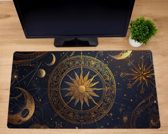 Black And Gold Mystical Desk Mat Gothic Gaming Mouse Pad Sun Moon Desk Pad Computer Keyboard Mat Office Decor