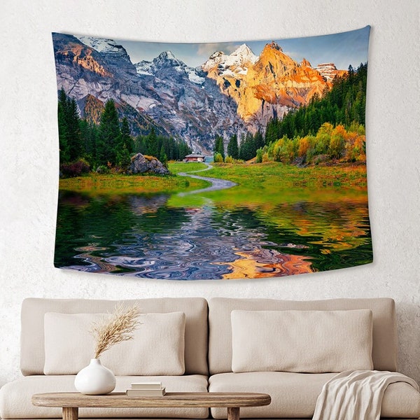 Snow Mountain Tapestry Wall Hanging Autumn Forest Lake Tapestry Nature Landscape Wall Art Tapestry Home Wall Decor Autumn in Swiss Alps