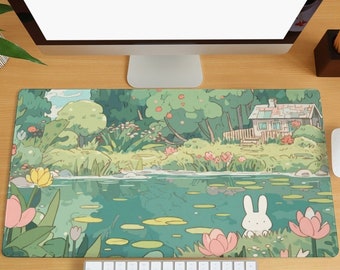 Cartoon Animal Desk Mat Kawaii Green Desk Mat Cute Rabbit Gaming Mousepad Flower Plant Large Desk Mat Computer Keyboard Pad