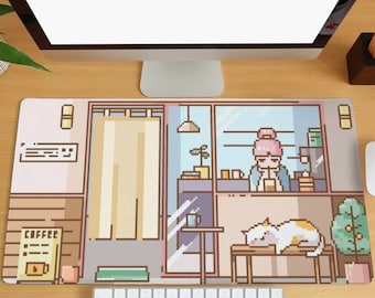 Pixel Art Schreibtischmatte, Gaming-Mauspad mit süßer Katze, Mädchen und süße Katzen-Schreibtischmatte, Großes Mauspad, Bürogeschenk, Anime-Tastatur-Mauspad