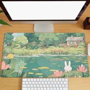Alfombrilla de escritorio con dibujos de animales, alfombrilla de escritorio verde kawaii, alfombrilla de ratón para juegos con bonito conejo, alfombrilla de escritorio grande con flores y plantas, alfombrilla para teclado de ordenador