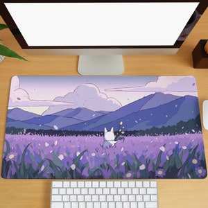 Alfombrilla de escritorio con diseño de planta morada y bonita, alfombrilla de escritorio con dibujos kawaii, alfombrilla de ratón para juegos con nubes y montañas, alfombrilla de ratón grande, alfombrilla para teclado de ordenador portátil