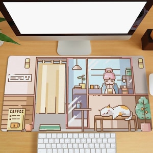 Pixel Art Desk Mat, Cafe Scene Gaming Mouse Pad, Girl and Cute Cat Desk Mat, Large Extended Mouse Pad, Office Gift, Anime Keyboard Mouse Pad