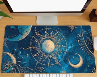 Blue Magical Desk Mat Sun and Moon Gaming Keyboard Mat Extra Large Desk Pad Office Desk Accessories Birthday Gift for Her Him