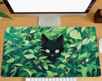 Alfombrilla de escritorio con diseño de gato negro y plantas, alfombrilla de teclado extendida con diseño de gato lindo, alfombrilla de escritorio para juegos de estética verde, alfombrilla de ratón extragrande botánica, regalo de cumpleaños