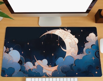 May include: A blue and white crescent moon with gold accents on a dark blue background with white stars. The moon is surrounded by white clouds with gold accents. The background is a dark blue with white stars.