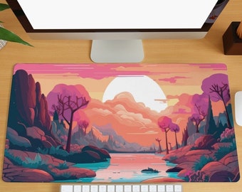 Sunset Forest Scenery Desk Mat, Nature Landscape Desk Mat, Forest Cloud Gaming Mouse Pad, Extra Large Mouse Pad, Computer Keyboard Mat