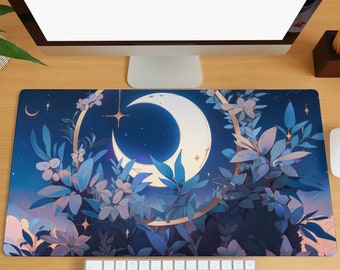 May include: A blue and white mouse mat featuring a crescent moon and floral design. The moon is encircled by a ring of leaves and flowers.